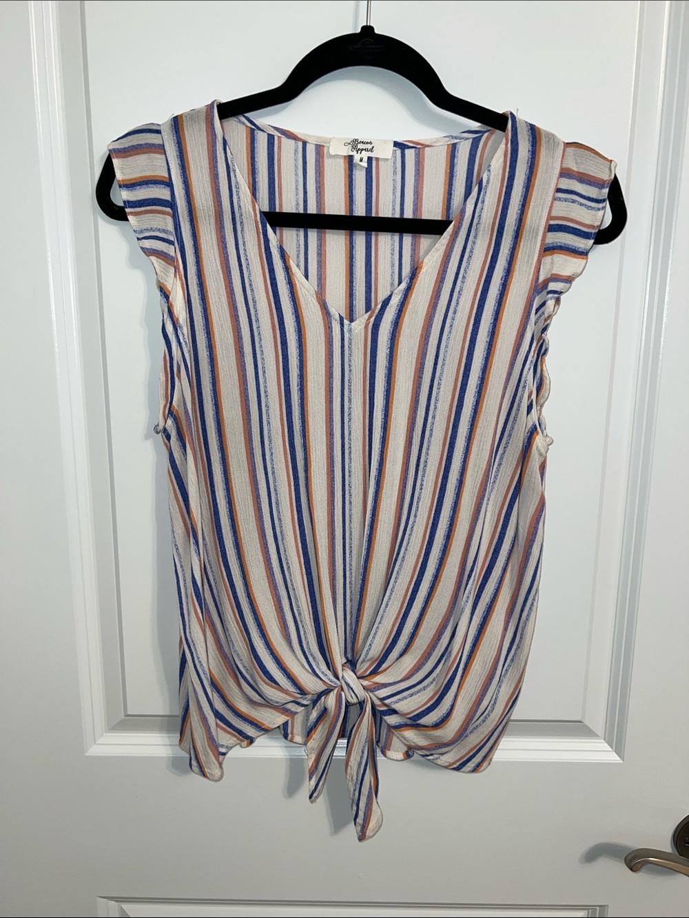 Beacon Apparel Striped V-Neck Tie-Front Tank Top - Blue, Orange & White